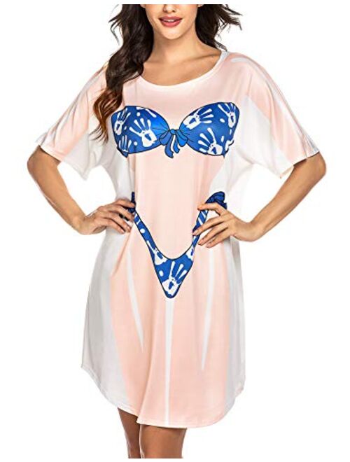 Ekouaer Women's Bikini Shirt Cover Up Short Sleeve Cute Bikini Print Cover-Up Baggy T Shirt Dress Fun Wear