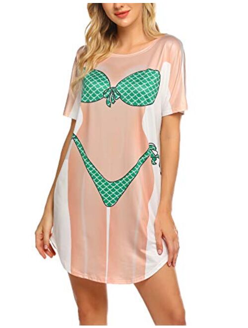 Ekouaer Women's Bikini Shirt Cover Up Short Sleeve Cute Bikini Print Cover-Up Baggy T Shirt Dress Fun Wear