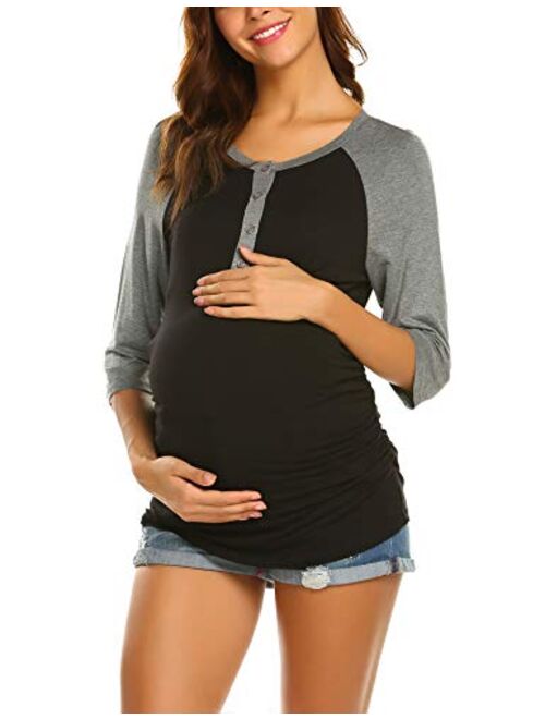 Ekouaer Women's Maternity Nursing Top 3/4 Sleeve Breastfeeding Henley Shirt Soft Tees Baseball T-Shirts (S-XXL)