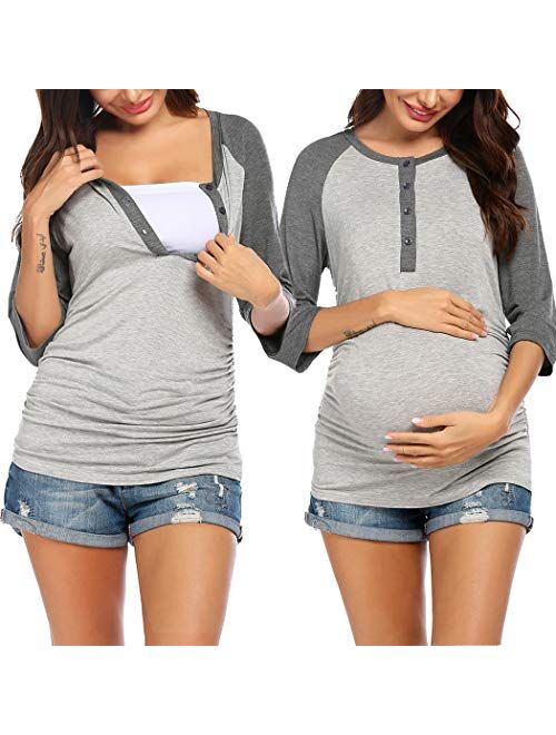 Ekouaer Women's Maternity Nursing Top 3/4 Sleeve Breastfeeding Henley Shirt Soft Tees Baseball T-Shirts (S-XXL)
