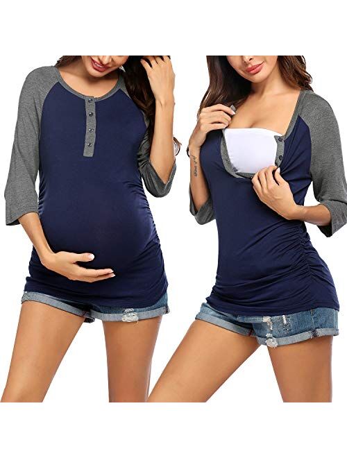 Ekouaer Women's Maternity Nursing Top 3/4 Sleeve Breastfeeding Henley Shirt Soft Tees Baseball T-Shirts (S-XXL)