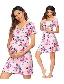 Women 3 in 1 Delivery/Labor/Maternity/Nursing Nightgown Short Sleeve Pleated Breastfeeding Sleep Dress(S-XXL)