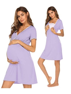 Women 3 in 1 Delivery/Labor/Maternity/Nursing Nightgown Short Sleeve Pleated Breastfeeding Sleep Dress(S-XXL)