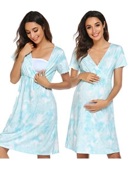 Women 3 in 1 Delivery/Labor/Maternity/Nursing Nightgown Short Sleeve Pleated Breastfeeding Sleep Dress(S-XXL)