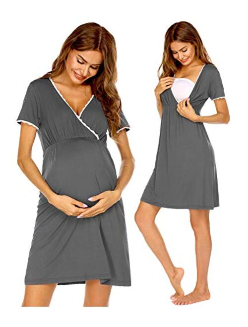 Ekouaer Women 3 in 1 Delivery/Labor/Maternity/Nursing Nightgown Short Sleeve Pleated Breastfeeding Sleep Dress(S-XXL)