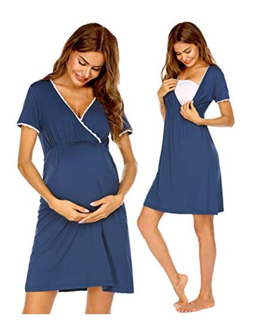 Ekouaer Women 3 in 1 Delivery/Labor/Maternity/Nursing Nightgown Short Sleeve Pleated Breastfeeding Sleep Dress(S-XXL)