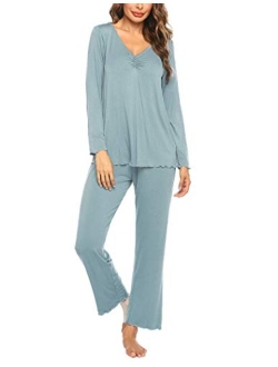 Women's Pj Set Sleepwear Two Piece Pajamas Tops with Long Sleep Pants Pjs Loungewear