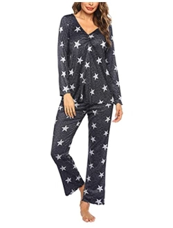 Women's Pj Set Sleepwear Two Piece Pajamas Tops with Long Sleep Pants Pjs Loungewear