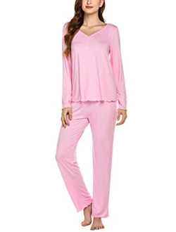 Women's Pj Set Sleepwear Two Piece Pajamas Tops with Long Sleep Pants Pjs Loungewear