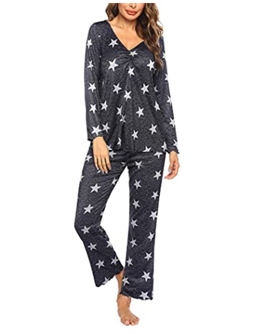 Ekouaer Women's Pj Set Sleepwear Two Piece Pajamas Tops with Long Sleep Pants Pjs Loungewear