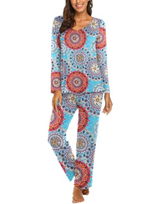 Ekouaer Women's Pj Set Sleepwear Two Piece Pajamas Tops with Long Sleep Pants Pjs Loungewear