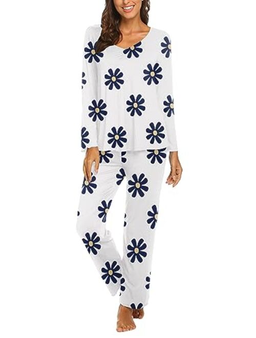 Ekouaer Women's Pj Set Sleepwear Two Piece Pajamas Tops with Long Sleep Pants Pjs Loungewear