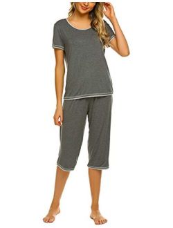 Womens Pajama Sets Sleepwear Short Sleeve Classic Tops with Capri Pjs Set