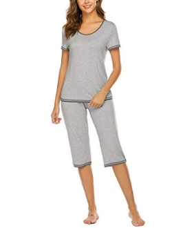 Womens Pajama Sets Sleepwear Short Sleeve Classic Tops with Capri Pjs Set