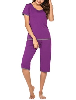 Womens Pajama Sets Sleepwear Short Sleeve Classic Tops with Capri Pjs Set