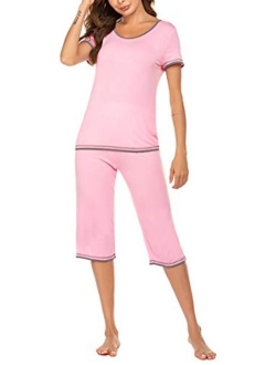 Womens Pajama Sets Sleepwear Short Sleeve Classic Tops with Capri Pjs Set