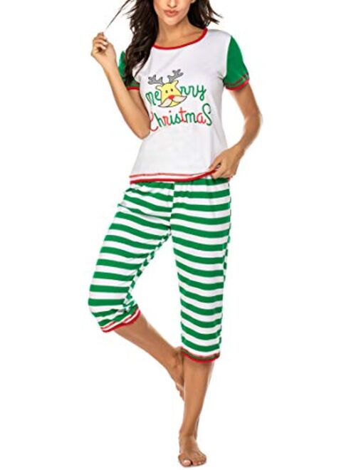 Ekouaer Womens Pajama Sets Sleepwear Short Sleeve Classic Tops with Capri Pjs Set