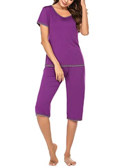 Ekouaer Womens Pajama Sets Sleepwear Short Sleeve Classic Tops with Capri Pjs Set