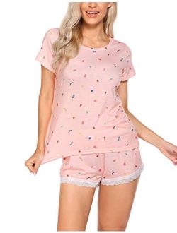 Pajamas Women Short Set Cute Sleepwear Teen Girls Cartoon Printed 2 Piece Sleep Tee Set Soft Juniors Lounge Set Gift