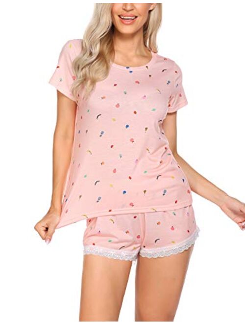 Ekouaer Pajamas Women Short Set Cute Sleepwear Teen Girls Cartoon Printed 2 Piece Sleep Tee Set Soft Juniors Lounge Set Gift