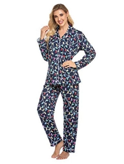 Pajamas Set Womens Long Sleeve Button Down Shirt Sleepwear 2 Piece Nightwear with Pants Soft Pjs