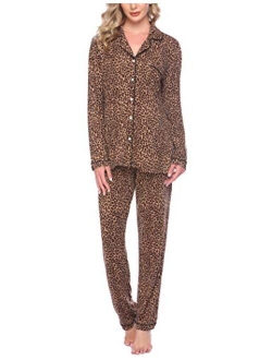 Pajamas Set Womens Long Sleeve Button Down Shirt Sleepwear 2 Piece Nightwear with Pants Soft Pjs