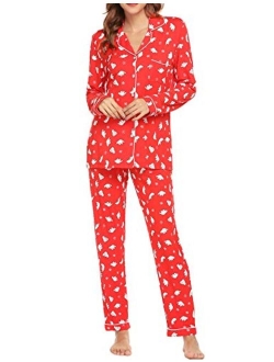 Pajamas Set Womens Long Sleeve Button Down Shirt Sleepwear 2 Piece Nightwear with Pants Soft Pjs