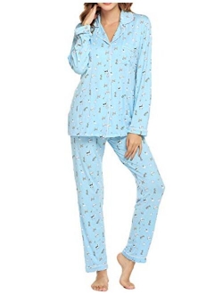 Pajamas Set Womens Long Sleeve Button Down Shirt Sleepwear 2 Piece Nightwear with Pants Soft Pjs