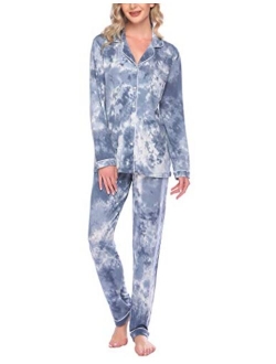 Pajamas Set Womens Long Sleeve Button Down Shirt Sleepwear 2 Piece Nightwear with Pants Soft Pjs