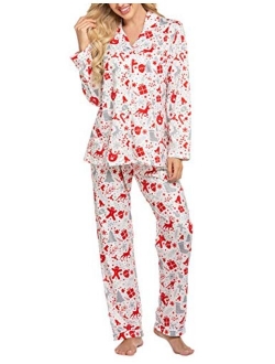 Pajamas Set Womens Long Sleeve Button Down Shirt Sleepwear 2 Piece Nightwear with Pants Soft Pjs