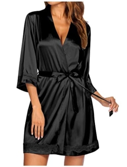 Women's Lace-Trim Kimono Style Short Satin Robe Sleepwear with 3/4 Sleeve