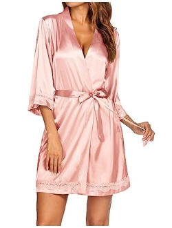 Women's Lace-Trim Kimono Style Short Satin Robe Sleepwear with 3/4 Sleeve