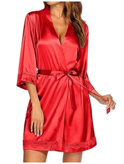 Women's Lace-Trim Kimono Style Short Satin Robe Sleepwear with 3/4 Sleeve