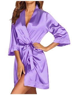 Women's Lace-Trim Kimono Style Short Satin Robe Sleepwear with 3/4 Sleeve