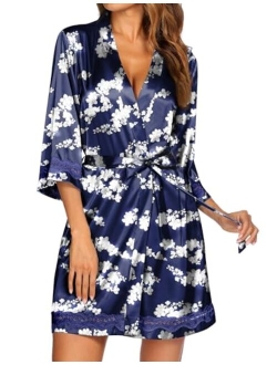 Women's Lace-Trim Kimono Style Short Satin Robe Sleepwear with 3/4 Sleeve