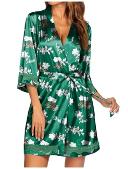 Women's Lace-Trim Kimono Style Short Satin Robe Sleepwear with 3/4 Sleeve