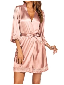 Women's Lace-Trim Kimono Style Short Satin Robe Sleepwear with 3/4 Sleeve