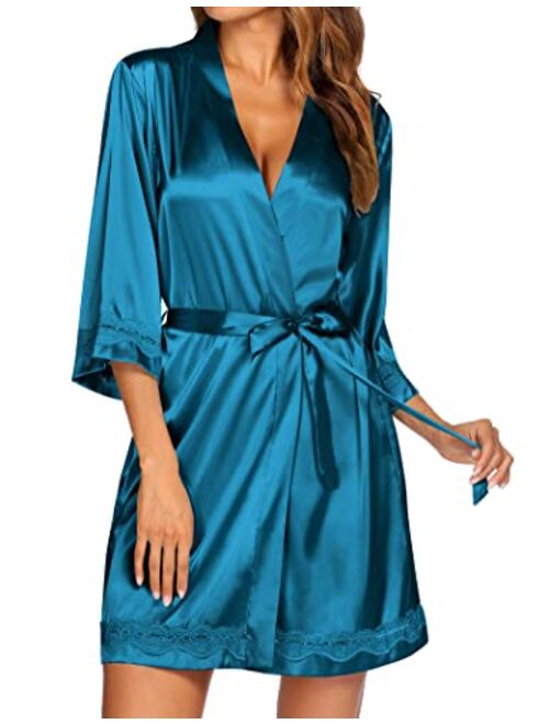 Ekouaer Women's Lace-Trim Kimono Style Short Satin Robe Sleepwear with 3/4 Sleeve