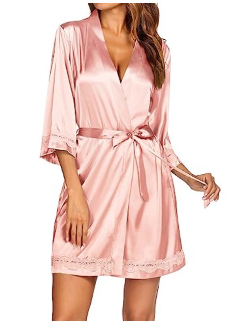 Ekouaer Women's Lace-Trim Kimono Style Short Satin Robe Sleepwear with 3/4 Sleeve