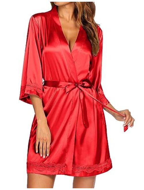 Ekouaer Women's Lace-Trim Kimono Style Short Satin Robe Sleepwear with 3/4 Sleeve