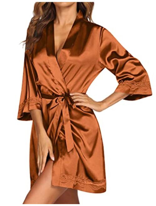 Ekouaer Women's Lace-Trim Kimono Style Short Satin Robe Sleepwear with 3/4 Sleeve