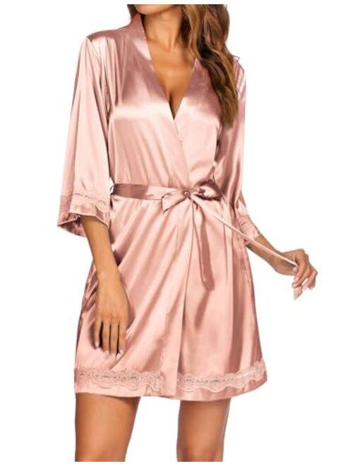 Ekouaer Women's Lace-Trim Kimono Style Short Satin Robe Sleepwear with 3/4 Sleeve