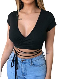 Women Sexy One Shoulder Spaghetti Strap Cutout Ruched Bandage Casual Crop Top