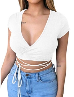 Women Sexy One Shoulder Spaghetti Strap Cutout Ruched Bandage Casual Crop Top