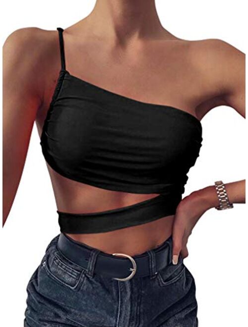 LAGSHIAN Women Sexy One Shoulder Spaghetti Strap Cutout Ruched Bandage Casual Crop Top