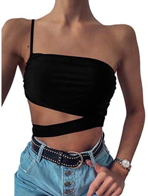 LAGSHIAN Women Sexy One Shoulder Spaghetti Strap Cutout Ruched Bandage Casual Crop Top