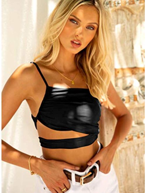 LAGSHIAN Women Sexy One Shoulder Spaghetti Strap Cutout Ruched Bandage Casual Crop Top