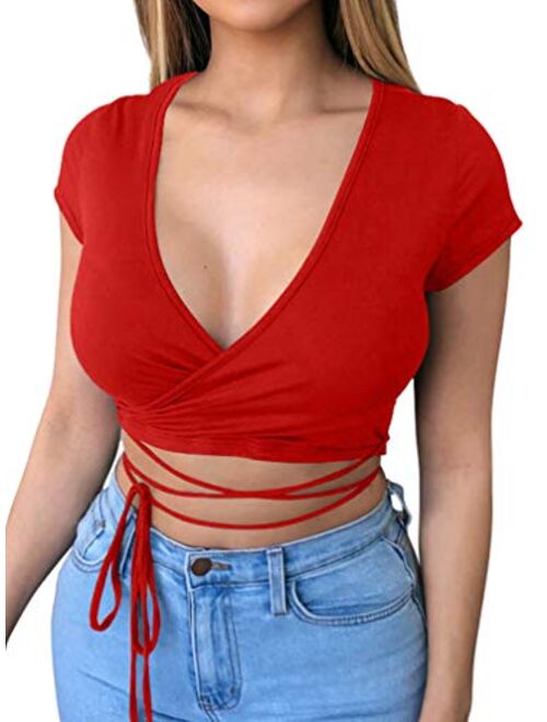 LAGSHIAN Women Sexy One Shoulder Spaghetti Strap Cutout Ruched Bandage Casual Crop Top