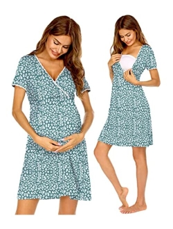 Women 3 in 1 Delivery/Labor/Maternity/Nursing Nightgown Short Sleeve Pleated Breastfeeding Sleep Dress(S-XXL)