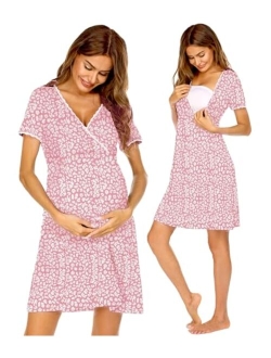 Women 3 in 1 Delivery/Labor/Maternity/Nursing Nightgown Short Sleeve Pleated Breastfeeding Sleep Dress(S-XXL)